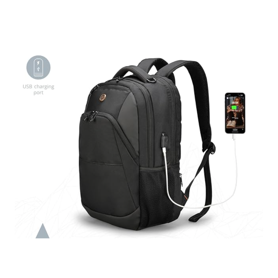 Swissdigital Design Travel Laptop Backpack, College Laptops Backpack with USB Charging Port for Men and Women Fits 16 Inch Notebook, Black